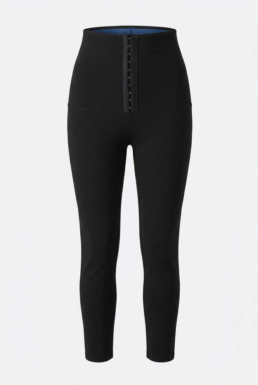 Black leggings with button details on a light gray background