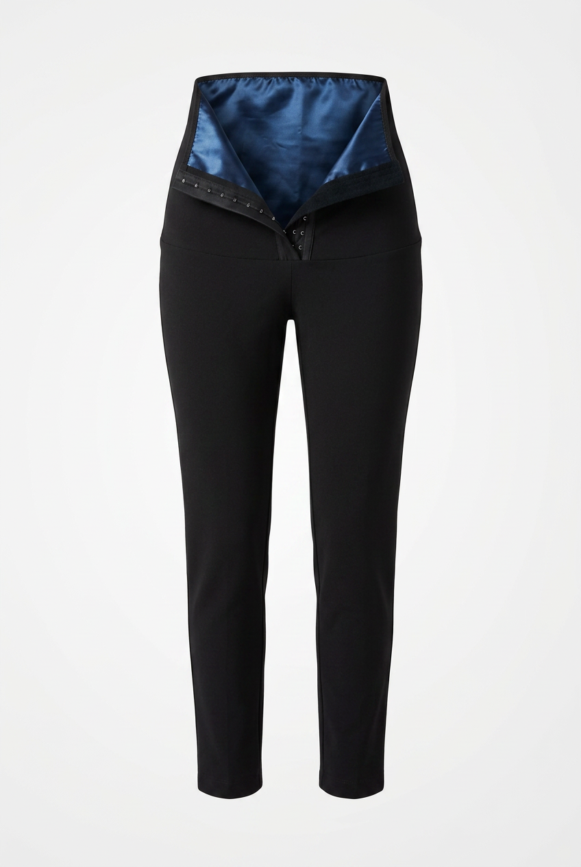 Black pants with blue lining on a white background