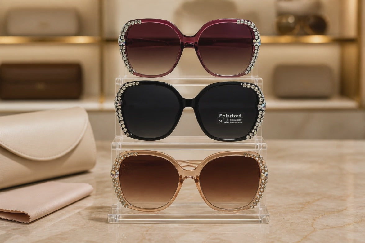 "Crystal-edge black sunglasses with purple lenses – angled view"